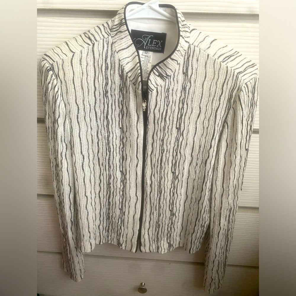 Alex Evenings Top or Cover-White w/ Black & Sparkle Silver Slimming Stripes.